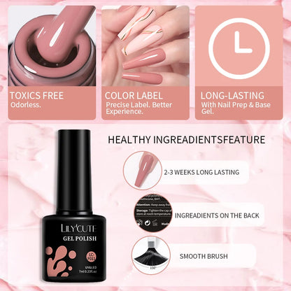 LILYCUTE 6-teiliges Set 7 ml Gel-Nagellack zum Selbermachen, leuchtend pink, semi-permanent, UV-/LED-beständig, Nageldesign-Set