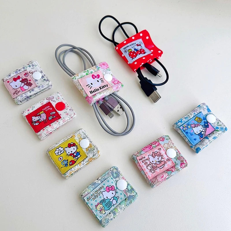 Hello Kitty Data Cable Organizer Fabric Sanrio KT Cat Charger Cord Storage Holder Data Line Bobbin Winder