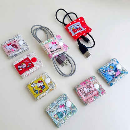 Hello Kitty Data Cable Organizer Fabric Sanrio KT Cat Charger Cord Storage Holder Data Line Bobbin Winder