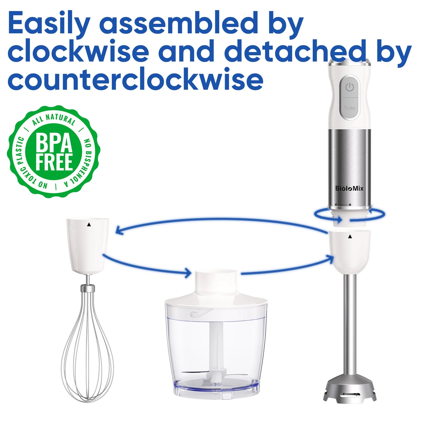 BioloMix 1000W 4-in-1 Immersion Hand Stick Blender Mixer Vegetable Meat Grinder 500ml Chopper Whisk 600ml Smoothie Cup