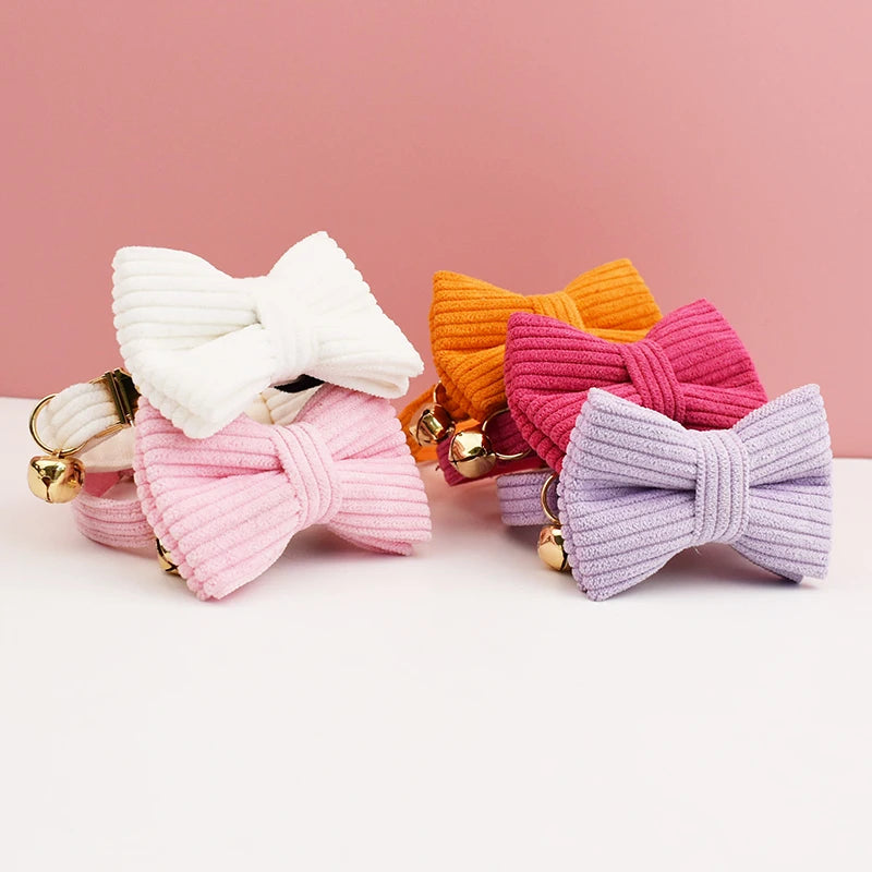 Personalized Corduroy Cat Collar with Engraved Name Plate, Bell & Bow Tie - Custom Breakaway Safety Collar