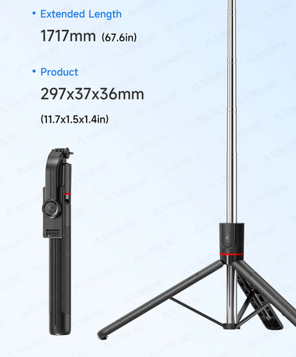 F15 Selfie Stick Tripod with Bluetooth Remote, 6-Section Extendable Pole, 360° Rotation, Fill Light Option, for Phone Vlog