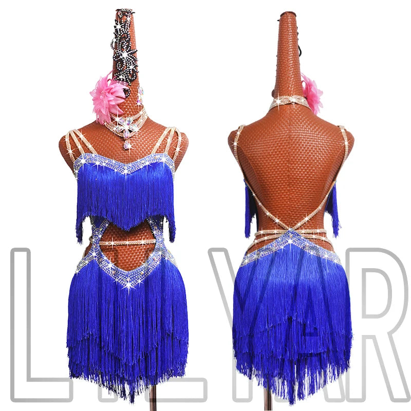 New professional Latin dance competition performance dress with sea blue tassel short open waist sparkling diamond dance skirt