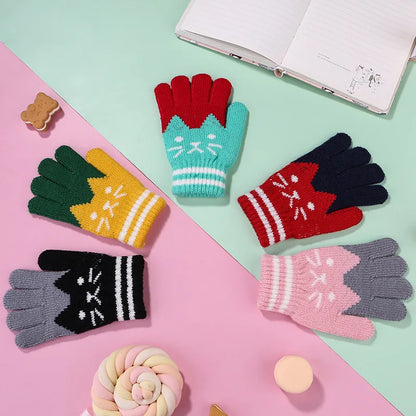 Cute Cartoon Kids Knitted Gloves Thick Fleece Children Five Finger Mittens 4-10Year Boys Girls Winter Hand Warmer Fashion Gloves