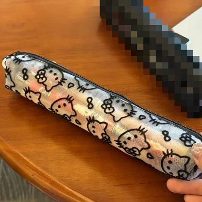 Sanrio Mesh Hello Kitty Black and White Pencil Case Zero Wallet Headphone Bag Girl's Portable Makeup Brush Storage Bag Gift