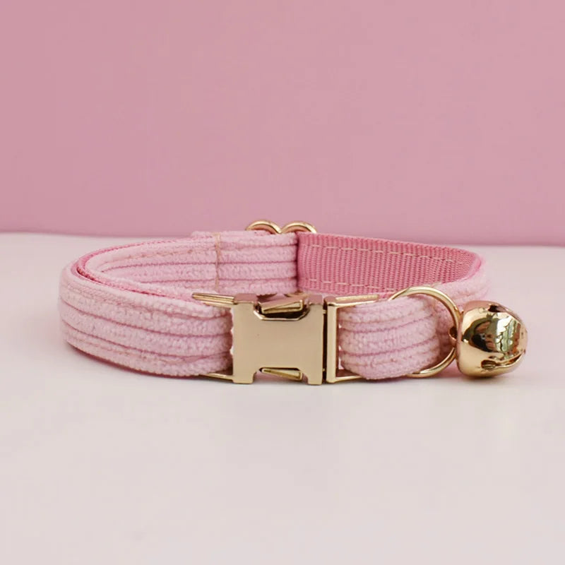Personalized Corduroy Cat Collar with Engraved Name Plate, Bell & Bow Tie - Custom Breakaway Safety Collar