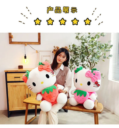 Kawaii Sanrio Hello Kitty Plush Stuffed Toy Strawberry KT Cat Pillow Doll Children's Birthday Gift Home Decoration Animal Doll