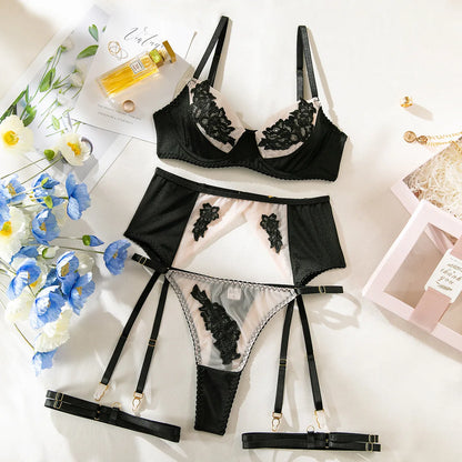 French Style Sexy Semi-transparent Mesh Embroidery Splicing Gathering Bra Thong Four Piece Suspenders Bodysuit Sets Charm BFTU