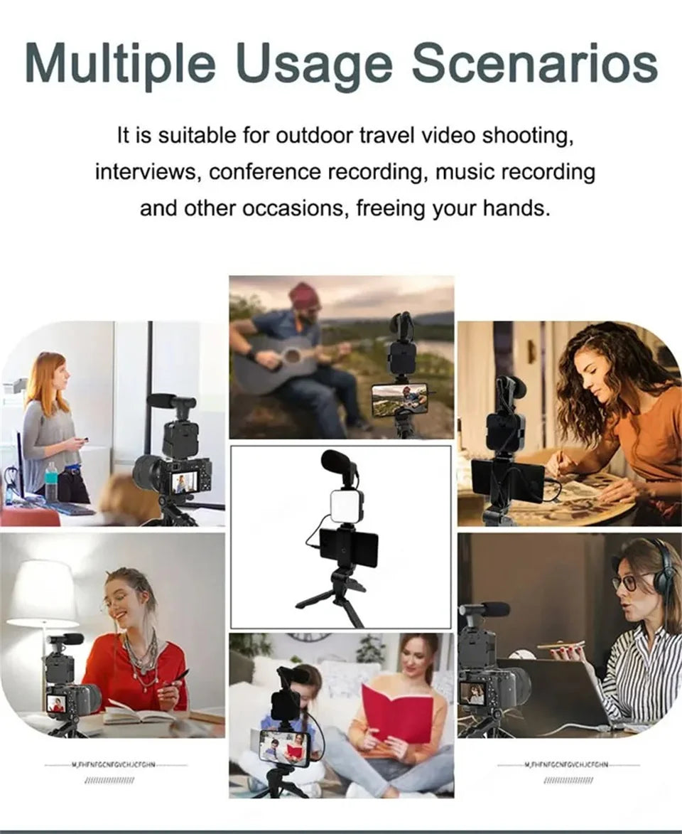 Phone Vlogging Starter Kit: Tripod, Holder, Mini Microphone, LED Light for TikTok Live & YouTube