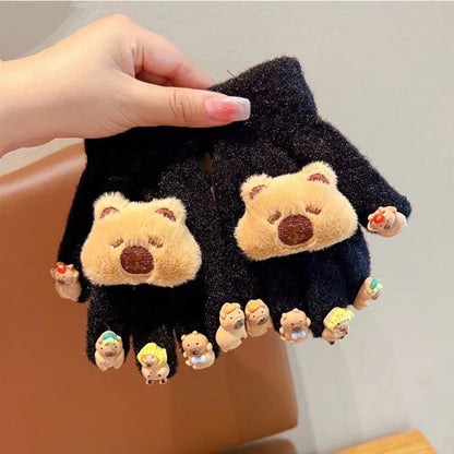 Kids Winter Gloves - 3D Capybara Plush Warm Gloves for Boys & Girls | Cold Weather Mittens