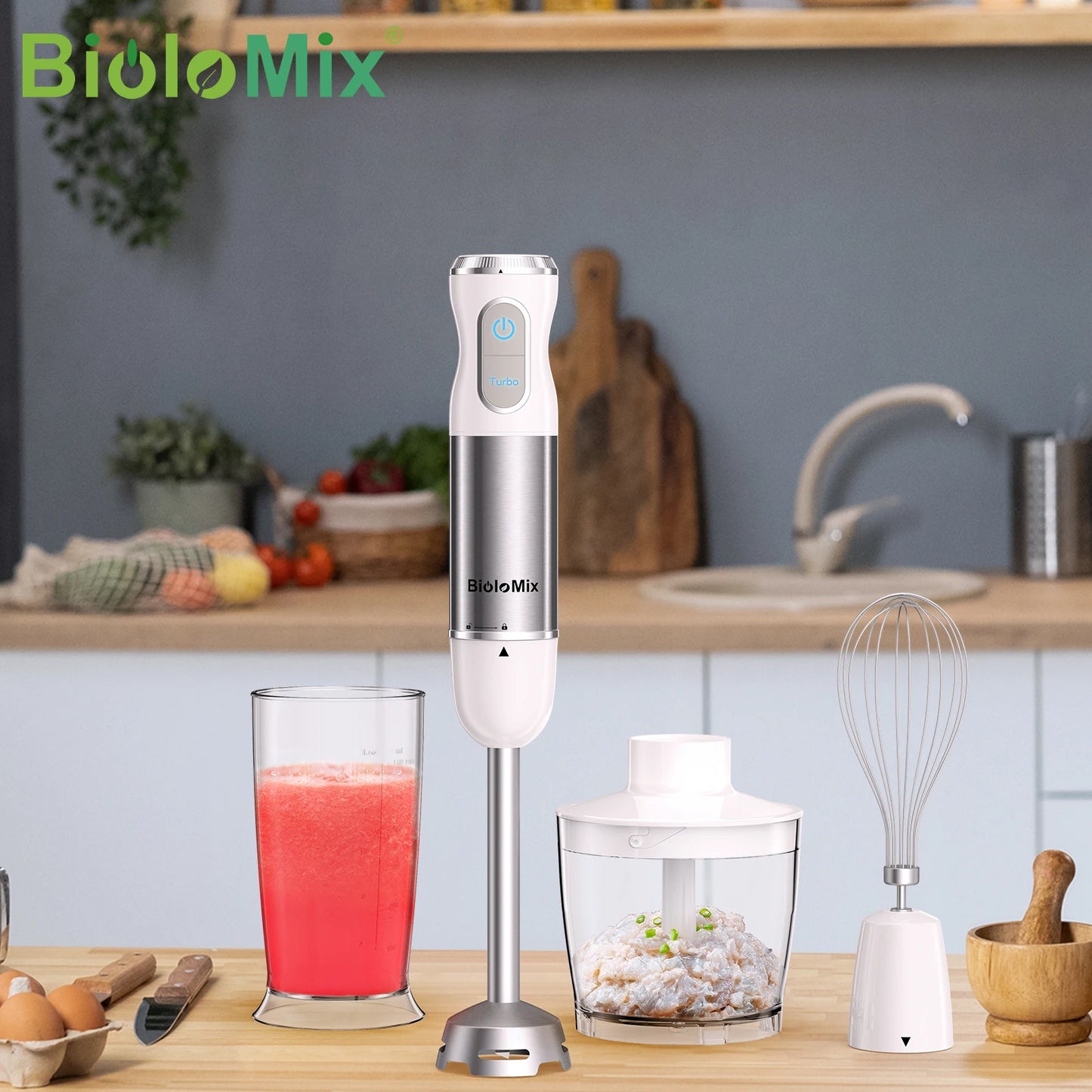 BioloMix 1000W 4-in-1 Immersion Hand Stick Blender Mixer Vegetable Meat Grinder 500ml Chopper Whisk 600ml Smoothie Cup