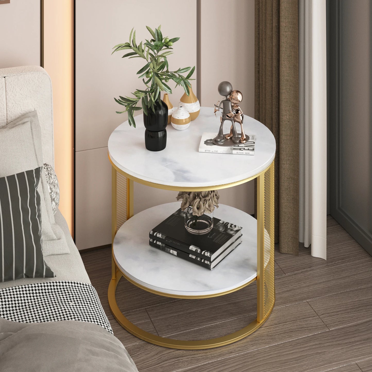 Marble Effect Coffee Table, Large Sofa Side End Table, Golden Metal Frame, 2 Tier, Home Living Room Furniture