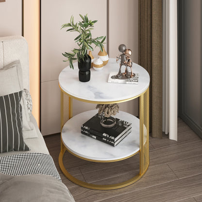 Marble Effect Coffee Table, Large Sofa Side End Table, Golden Metal Frame, 2 Tier, Home Living Room Furniture