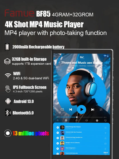 Famue MP3 Player Android 13 with Bluetooth and WiFi，MP3 MP4 Player with Spotify，Audible，Pandora，Standalone / Networked Version