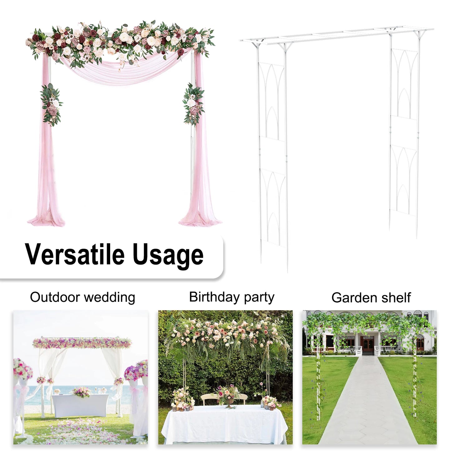 Stereoscopic White Garden Arch Arbor, Super Strong Metal Wedding Arch Decor, Outdoor Pergola Trellis