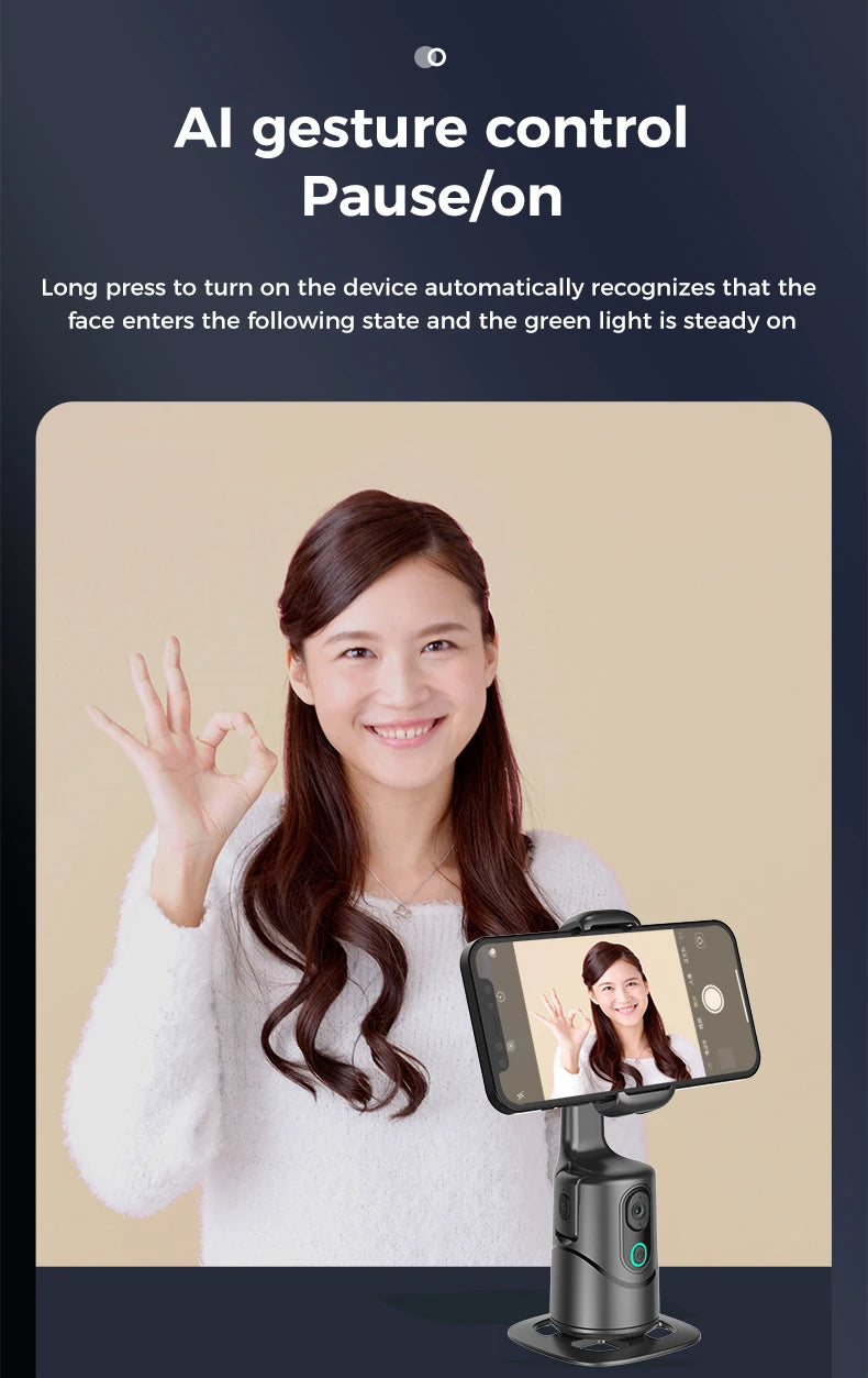 Automatic facial tracking phone holder with remote control and gesture control, 360 ° rotating phone camera holder