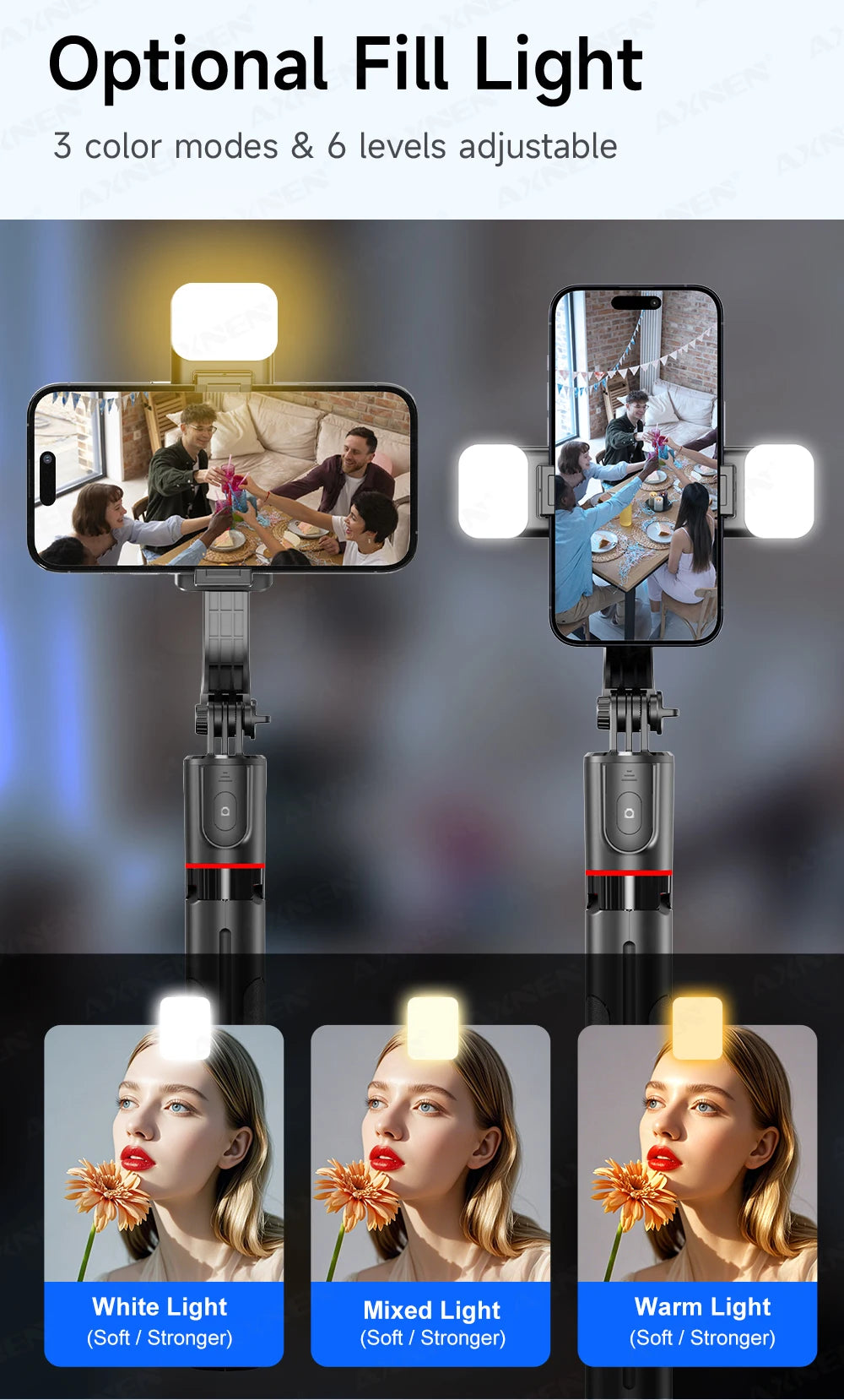 F15 Selfie Stick Tripod with Bluetooth Remote, 6-Section Extendable Pole, 360° Rotation, Fill Light Option, for Phone Vlog