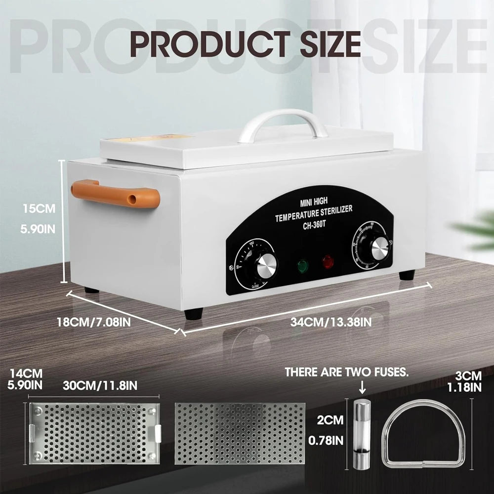 300W Dry Heat Sterilizer with Timer High Temperature Cleaning Box 1.5L for Nail Tools Hair Beauty Metal Tools with Handle