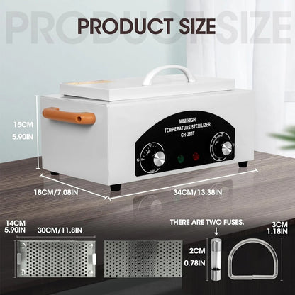 300W Dry Heat Sterilizer with Timer High Temperature Cleaning Box 1.5L for Nail Tools Hair Beauty Metal Tools with Handle