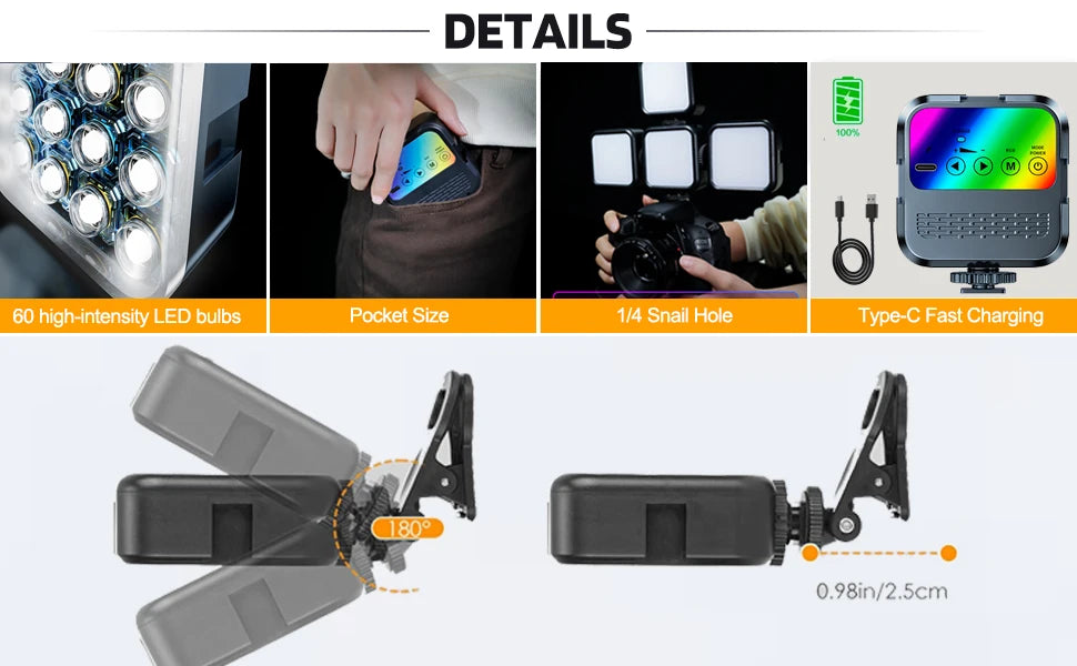 Portable LED Selfie Light for iPhone Samsung iPad Mobile Phone Laptop Clip Rechargeable Flash Fill Photo Video Photography Lamp
