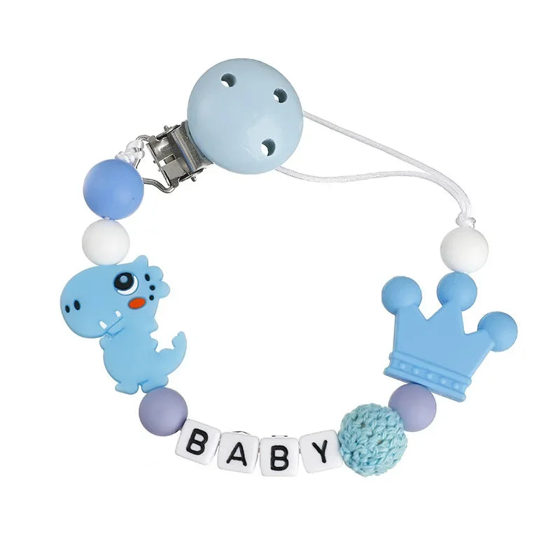 NEW Custom Personalized Name Pacifier Clip Handmade Beech Wooden Chain Silicone Crown Holder Soother Baby Teething Toy Chew Gift