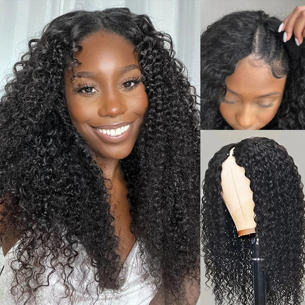Deep Curly V Part Wig Human Hair No Leave Out Brazilian Deep Wave Human Hair Wigs for Women U Part No Glue Virgin Wigs On Sale