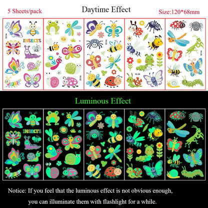 5 Sheets Luminous Tattoo Stickers Colorful Animal Mermaid Dinosaur Temporary Tattoos for Hand  Body Fake Tattoo Waterproof