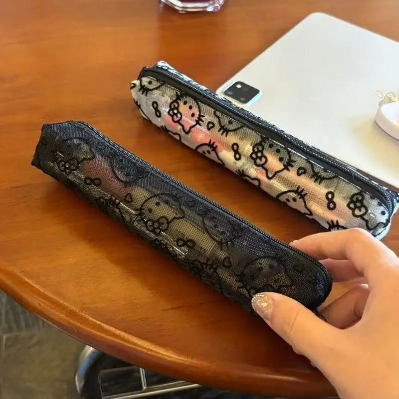 Sanrio Mesh Hello Kitty Black and White Pencil Case Zero Wallet Headphone Bag Girl's Portable Makeup Brush Storage Bag Gift