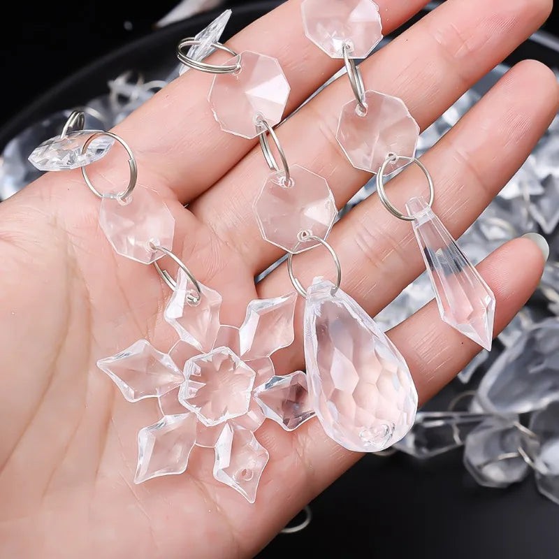 5-48Pcs Christmas Ornaments Crystal Tree Decorations Transparent Ice Strip Pendant DIY Teardrop Chandelier Xmas Wedding Beads