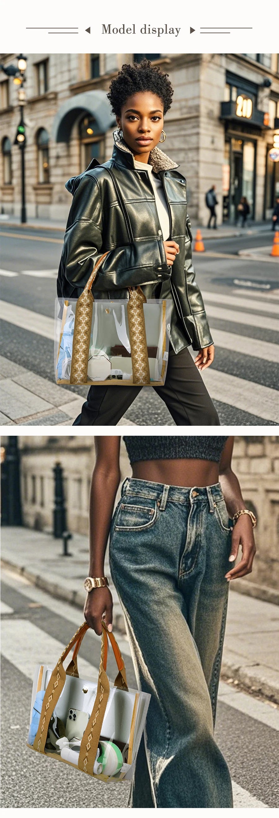 TINYAT Khaki Bohemian Style Clear PVC Tote Bag for Women, Transparent Shopper Clutch Purse for Daily Use and Music Festivals