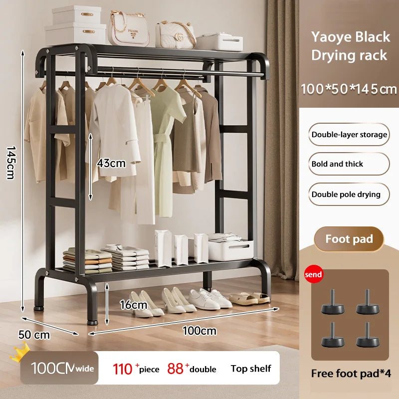 Movable Coat Rack With Universal Wheels Multifunctional Double-deck Simple Clothes Hanger Floor-Standing Bedroom Wardrobe