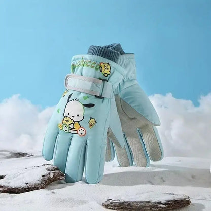 Kawaii Sanrio Ski Gloves for Kids - Kuromi Melody Pochacco Winter Mittens | Waterproof Velvet Gloves