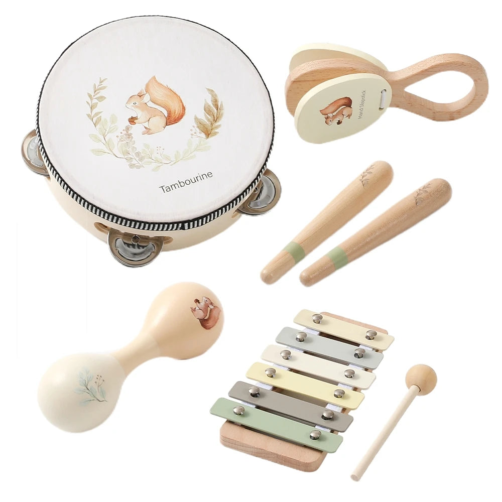 Music Toys Baby Wooden Montessori Toys Children Music Instrument Squirrel Maracas Drum Xylophone Early Education Sensor Toys Set