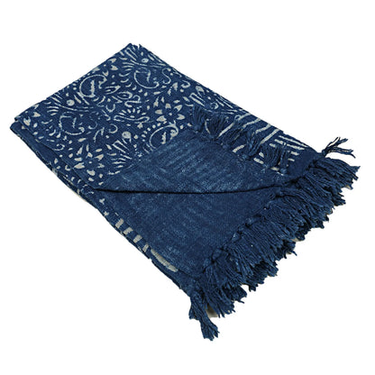 African Mudcloth Printed Blue Indigo 100% Organic Cotton Handwoven Soft Throw Bedding Blanket for Living Room Home Outdoor