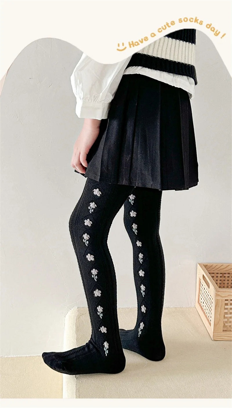 1-12Years Kids Autumn Elastic Tights Jacquard Soft Teenager Leggings Girls Knit Cotton Pantyhose Sweet Cute Baby Bottom Clothes