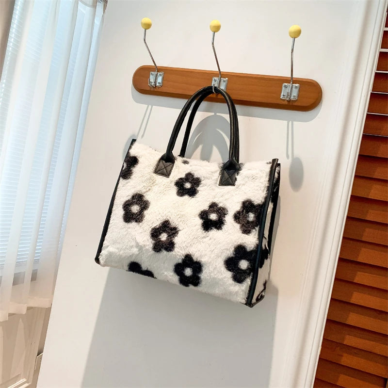 Winter Faux Fur ,Leopard Print Designer Shopper Totes, Fashion Soft Plush Women Shoulder Bags, Large Capacity Handbags and Purse