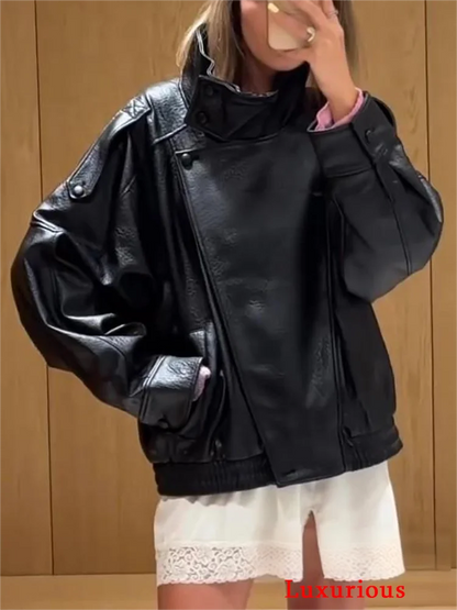 KONDALA Casual Chic Black Leather Jackets Women Long Sleeve Buttons Elastic Oversized Coats Fashion 2026 Spring Streetwear Coats