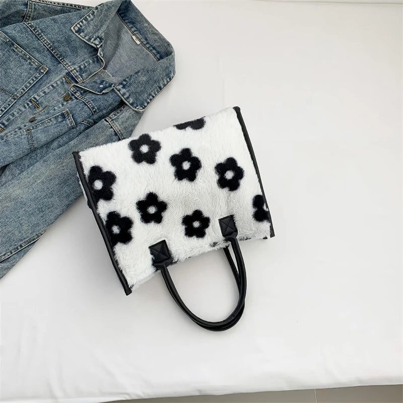 Winter Faux Fur ,Leopard Print Designer Shopper Totes, Fashion Soft Plush Women Shoulder Bags, Large Capacity Handbags and Purse