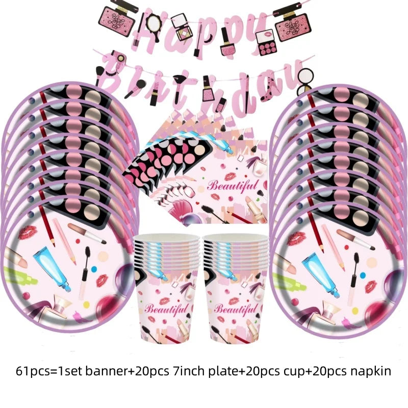 Cosmetics Makeup SPA Theme Party Decoration Tableware Set Paper Cup Plate Napkins Tablecloth Wedding Event Girls Birthday Favor