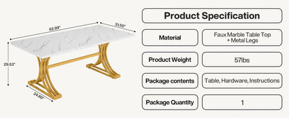 Tribesigns 63-Inch Rectangular Dining Table for 4 to 6, Modern Kitchen Table with Faux Marble Table Top, White Dinner Tables