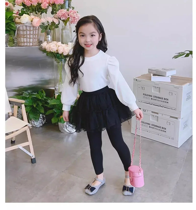 Kids Autumn Leggings Children Cute Thin Style Yarn Skirt Kids Solid Color Bow Skinny Pants