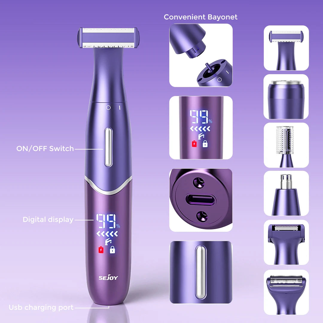 Sejoy 6-in-1 Electric Razor for Women Pubic Hair,Painless Body Shaver,Facial Epilator,Hair Removal for Face,Bikini Trimmer