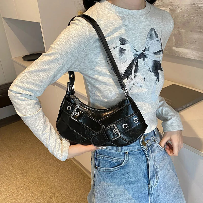 MOJOYCE Small Belt Design Glossy Patent Leather Shoulder Bags Women Luxury Brand Tote Handbag Y2K Underarm Bag with Inner Pocket