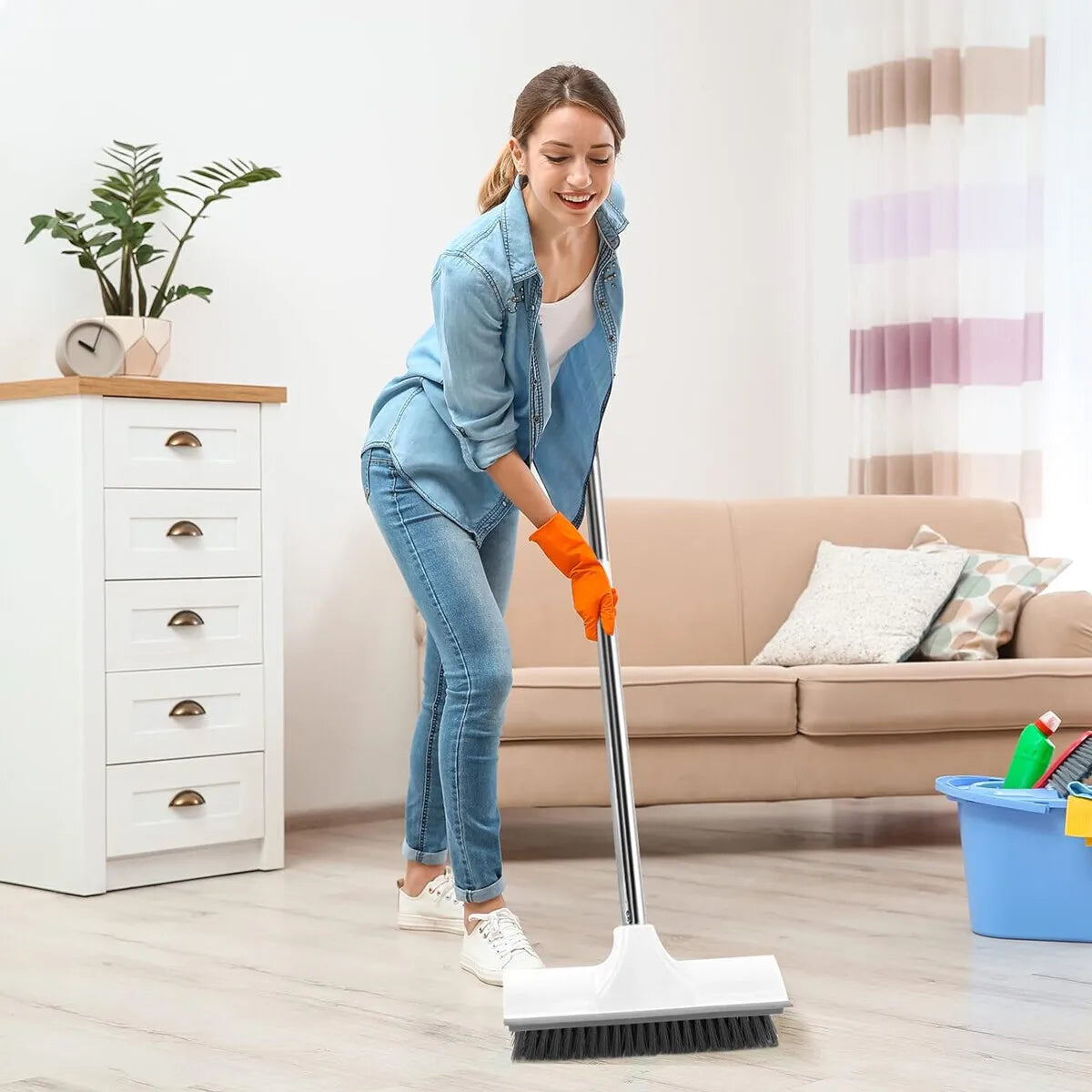 Long Handle Scrub Brush 2 In 1 Floor Scrubber And Squeegee For Cleaning