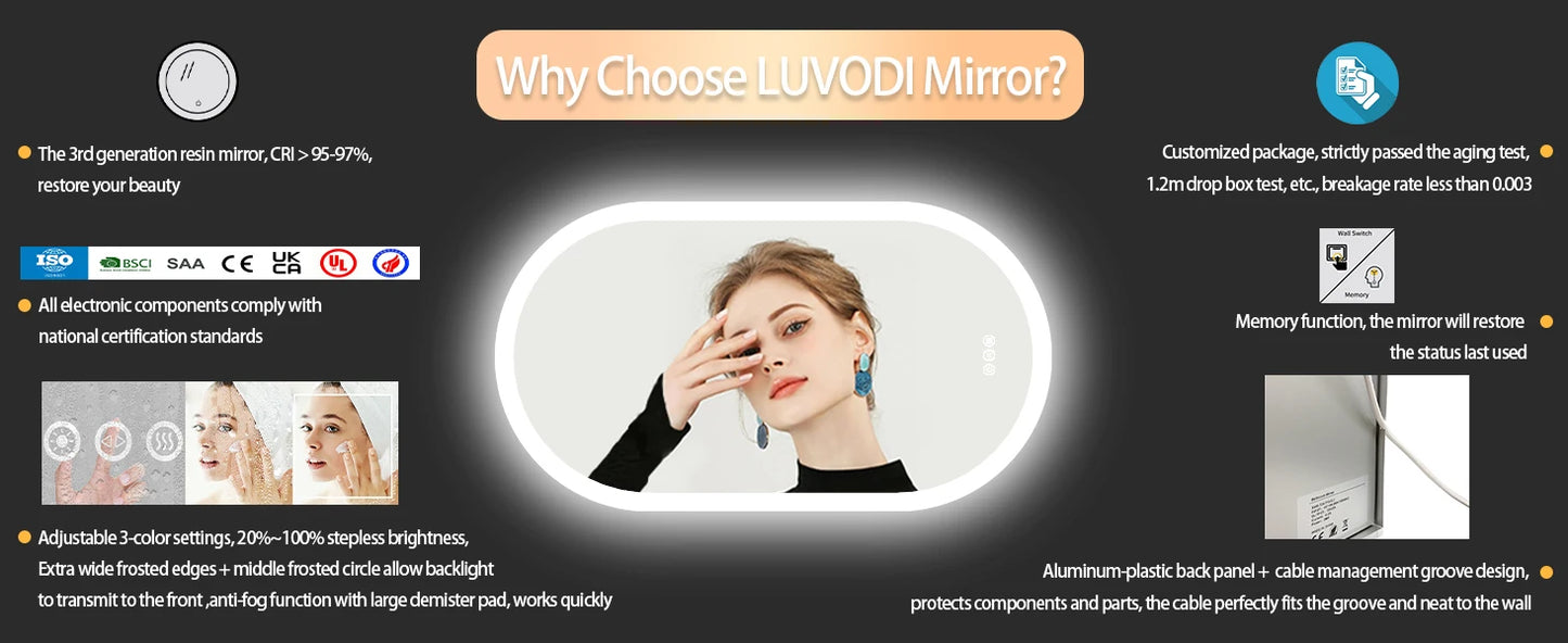 Backlit Smart LED Bathroom Mirror: Oval Dimmable 3 Colors Anti-Fog Mirrors with Light Memory - IP65 CRI95 Large Wall Mounted