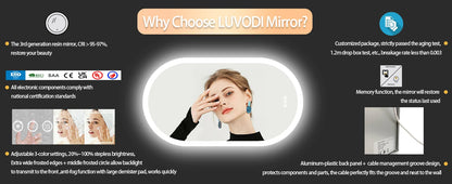 Backlit Smart LED Bathroom Mirror: Oval Dimmable 3 Colors Anti-Fog Mirrors with Light Memory - IP65 CRI95 Large Wall Mounted