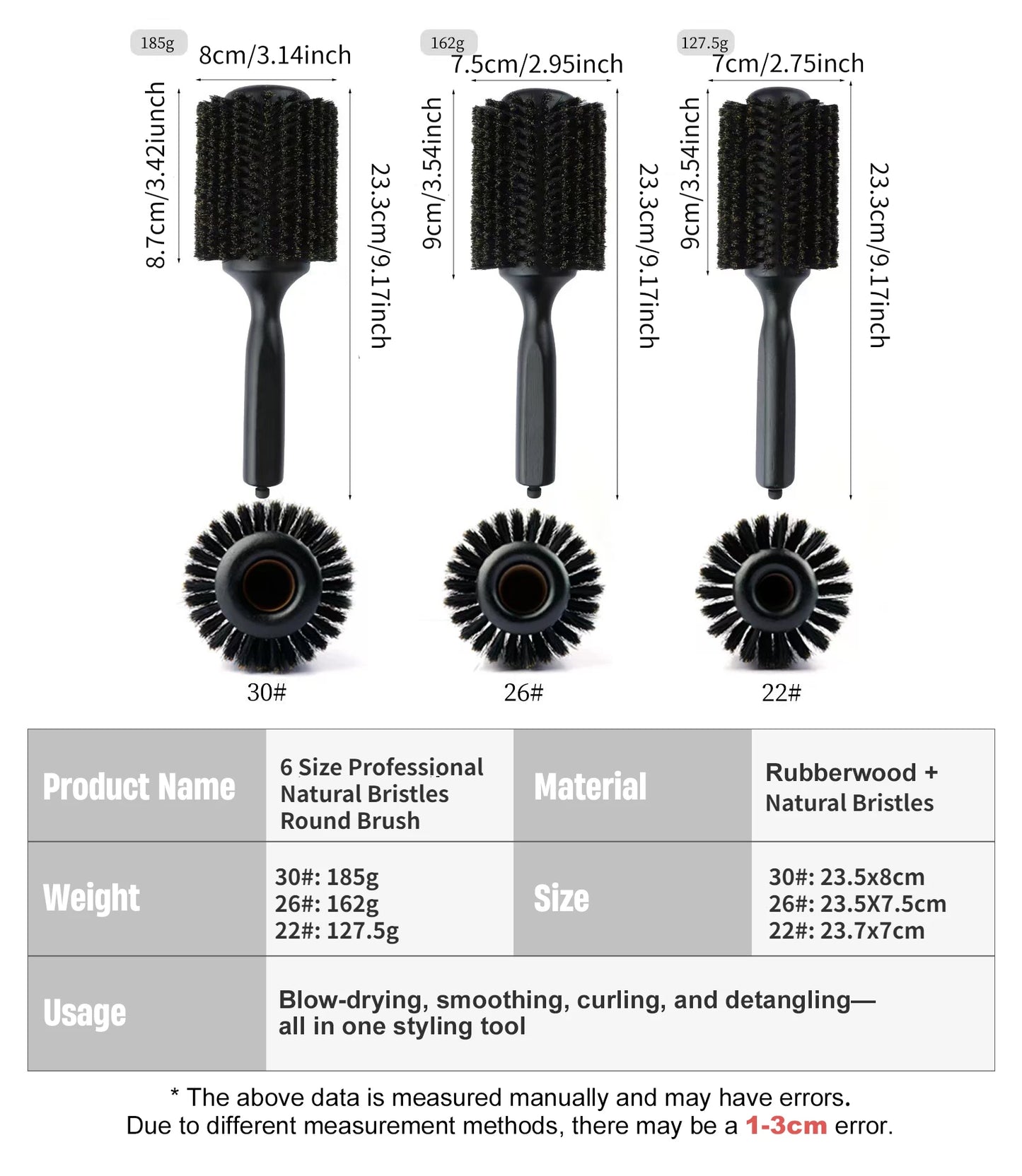 6 Sizes Boar Bristle Round Hair Brush Curly Hair Styling Comb Professional Removable Tail Barber Hairdresser Round Rolling Comb