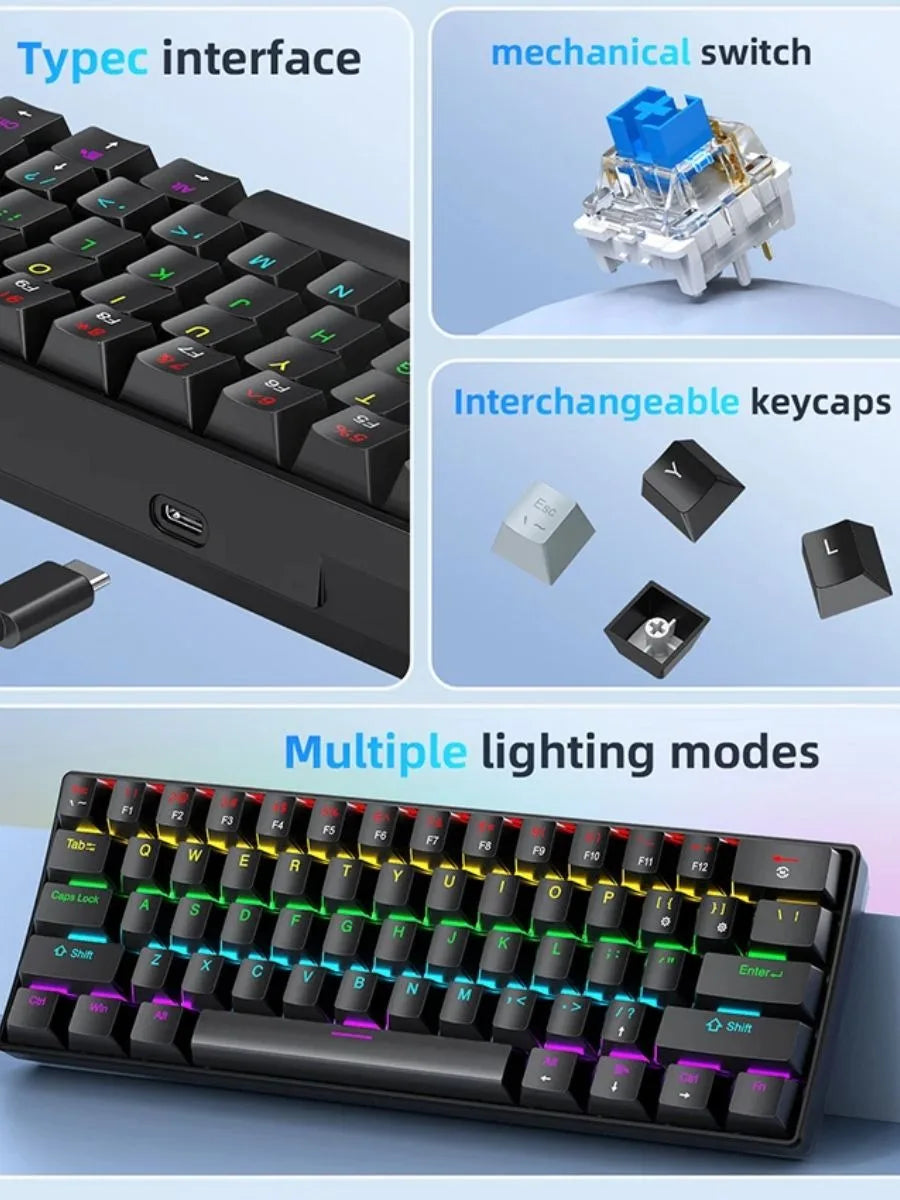 APAYADO K61 Keyboard 60% Portable Wired Mechanical Keyboard Wired 61 Keys Phantom RGB