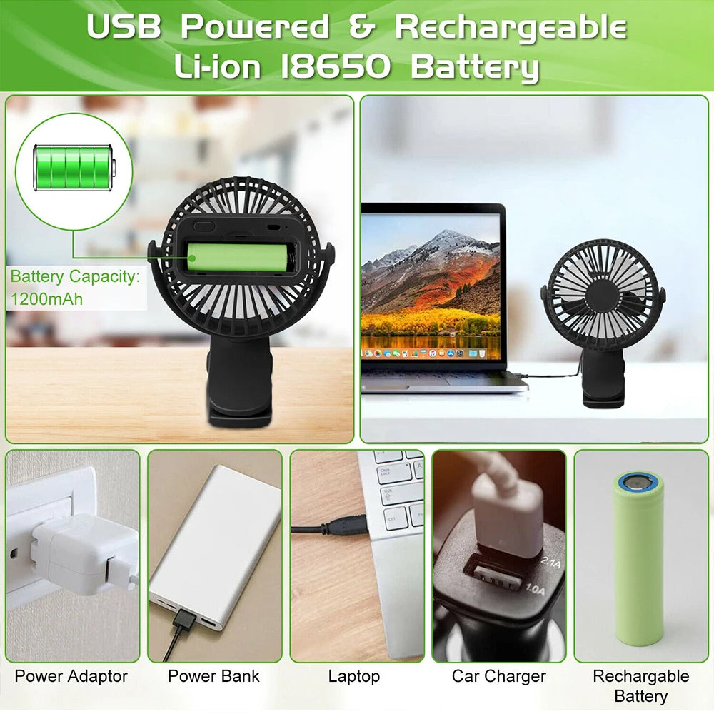 Clip On Fan USB Rechargeable Mini Coog Desk Baby Stroller Portable Handheld