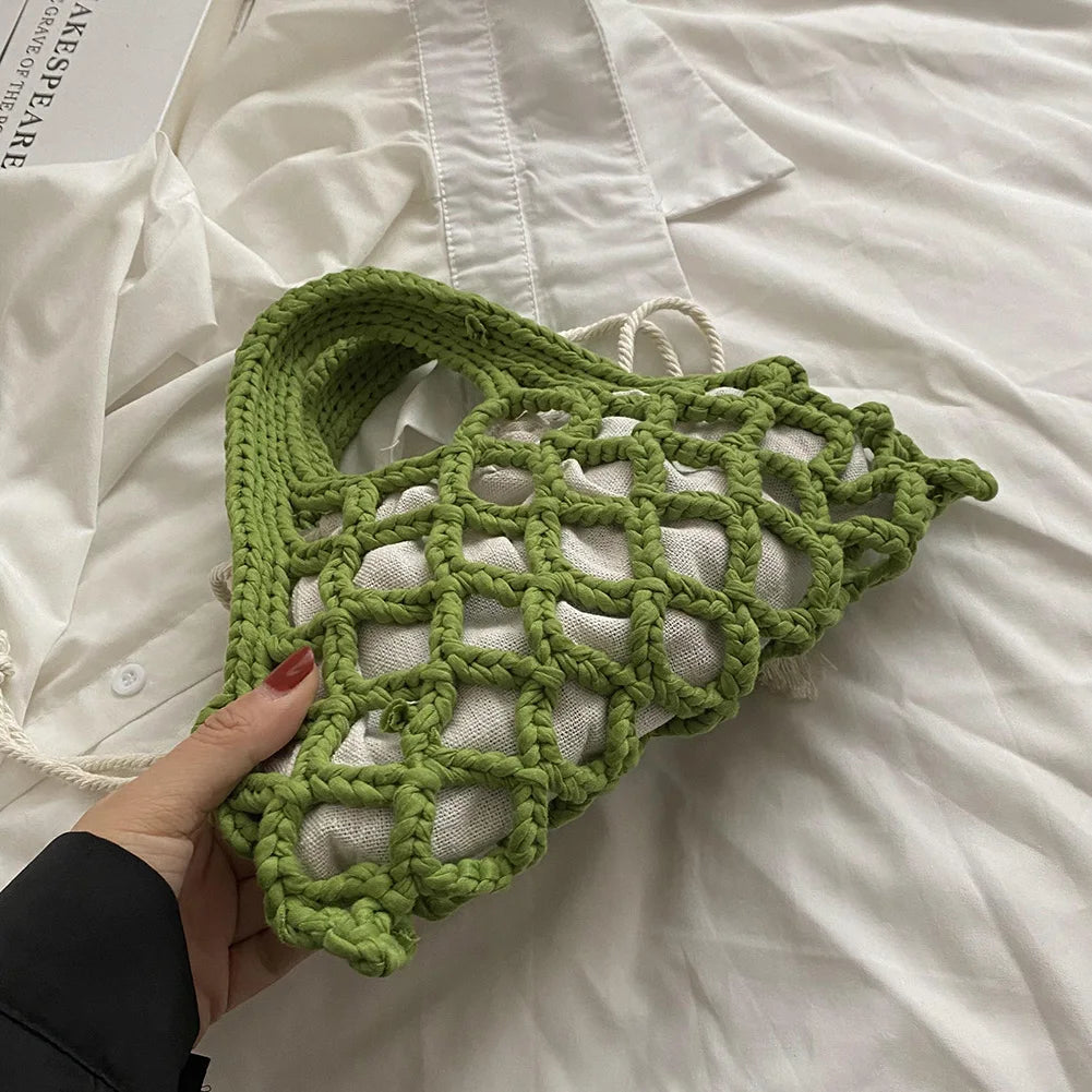 Summer Cotton Thread Woven Handbag Women Crochet Beach Bag Hollow Out Knitting Mini Top-Handle Bag Straw Mesh Boho Wristlet Bags